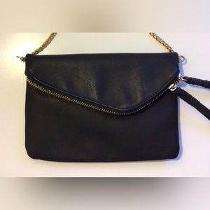 Black Leather Clutch With Long Gold Strap That’s Removable. Gold Zipper. NEW